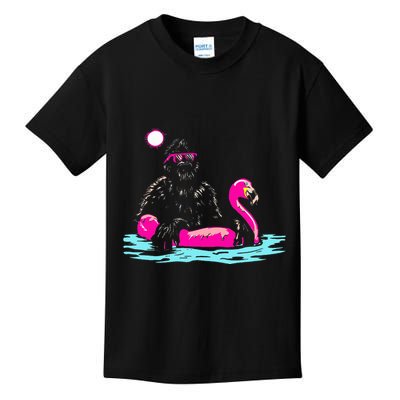 Bigfoot Pool Party Flamingo Funny Sasquatch Pink Float Kids T-Shirt