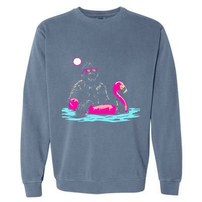 Bigfoot Pool Party Flamingo Funny Sasquatch Pink Float Garment-Dyed Sweatshirt