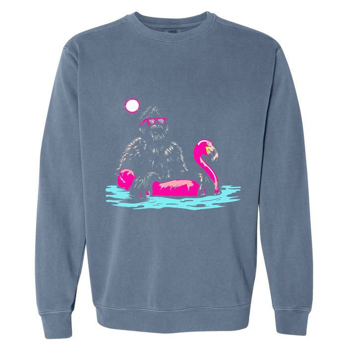 Bigfoot Pool Party Flamingo Funny Sasquatch Pink Float Garment-Dyed Sweatshirt