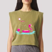 Bigfoot Pool Party Flamingo Funny Sasquatch Pink Float Garment-Dyed Women's Muscle Tee
