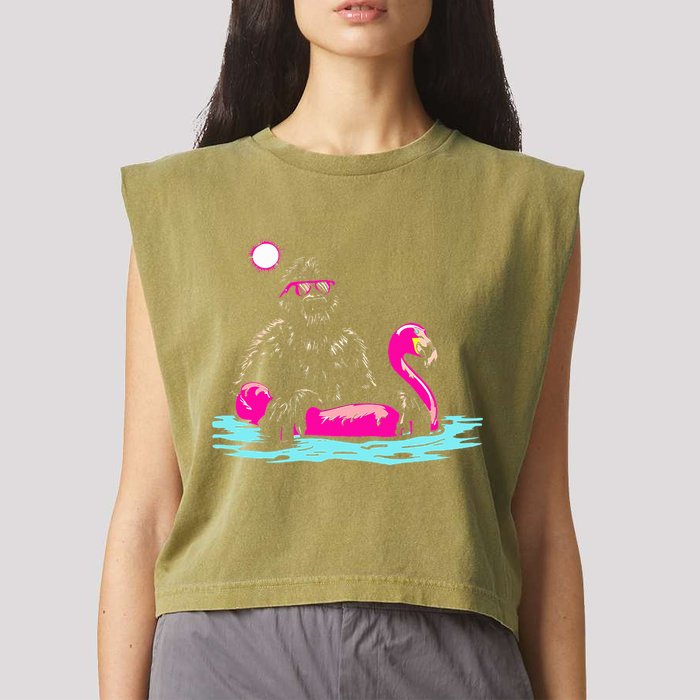 Bigfoot Pool Party Flamingo Funny Sasquatch Pink Float Garment-Dyed Women's Muscle Tee