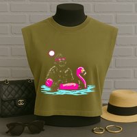 Bigfoot Pool Party Flamingo Funny Sasquatch Pink Float Garment-Dyed Women's Muscle Tee