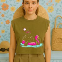 Bigfoot Pool Party Flamingo Funny Sasquatch Pink Float Garment-Dyed Women's Muscle Tee
