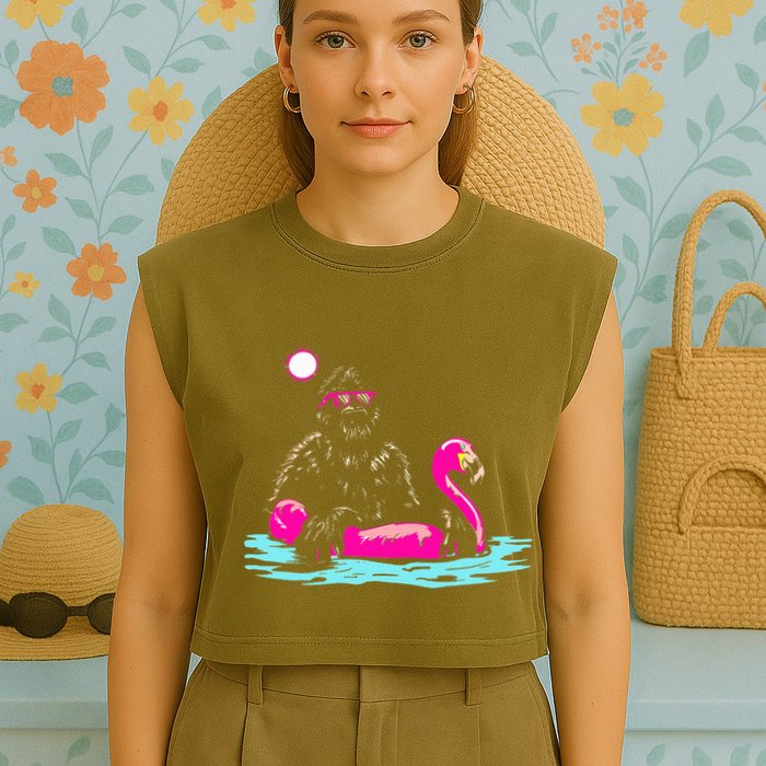 Bigfoot Pool Party Flamingo Funny Sasquatch Pink Float Garment-Dyed Women's Muscle Tee