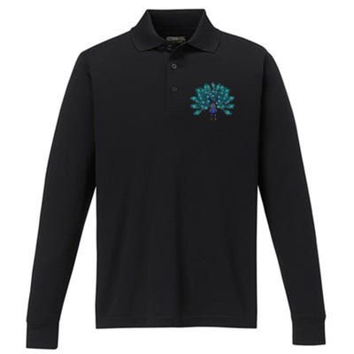 Blue Peacock Print Teal Feathers Bird Lover Men Women Gifts Performance Long Sleeve Polo