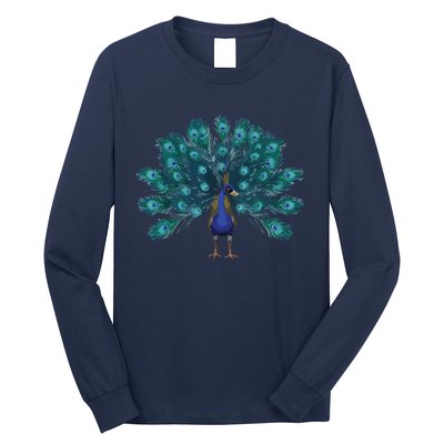 Blue Peacock Print Teal Feathers Bird Lover Men Women Gifts Long Sleeve Shirt