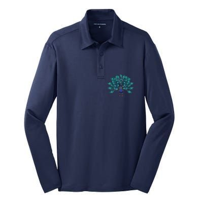 Blue Peacock Print Teal Feathers Bird Lover Men Women Gifts Silk Touch Performance Long Sleeve Polo