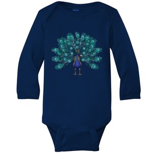 Blue Peacock Print Teal Feathers Bird Lover Men Women Gifts Baby Long Sleeve Bodysuit