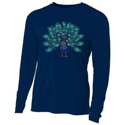 Blue Peacock Print Teal Feathers Bird Lover Men Women Gifts Cooling Performance Long Sleeve Crew