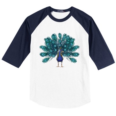 Blue Peacock Print Teal Feathers Bird Lover Men Women Gifts Baseball Sleeve Shirt