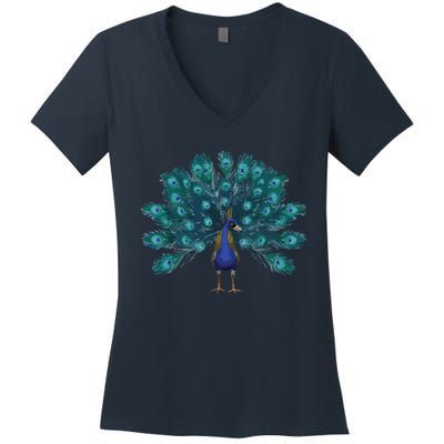 Blue Peacock Print Teal Feathers Bird Lover Men Women Gifts Women's V-Neck T-Shirt