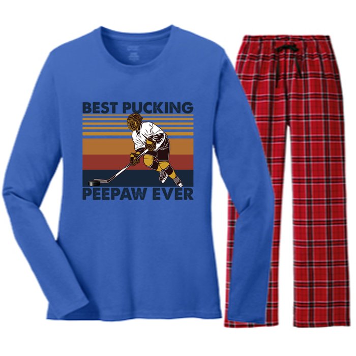 Best Pucking Peepaw Ever Funny Hockey Grandpa Saying Cute Gift Women's Long Sleeve Flannel Pajama Set 