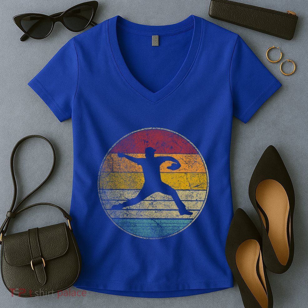 Baseball Pitcher Pitching Ball Glove Retro 70s 80s 90s Gift Women's V-Neck T-Shirt