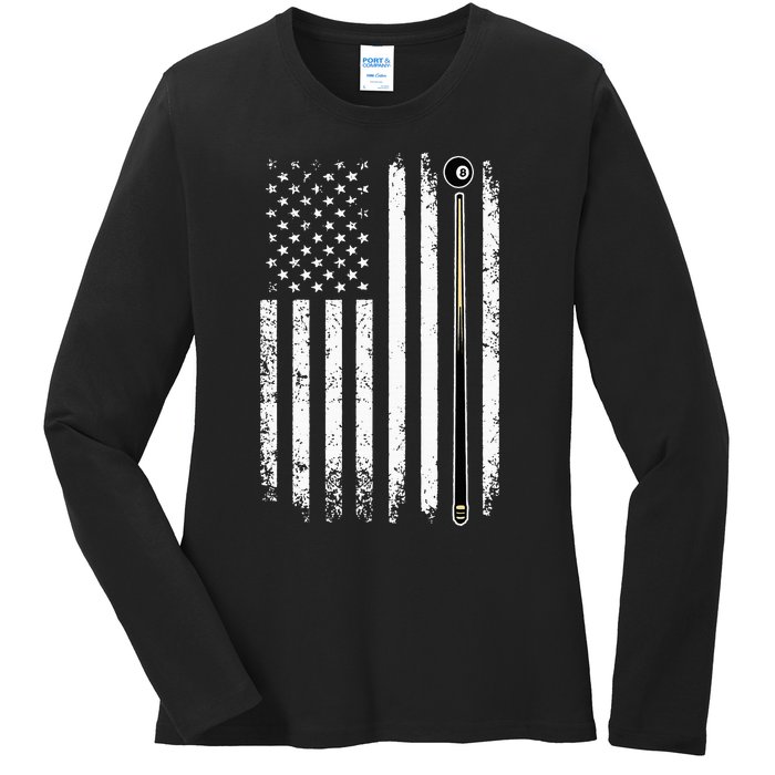 Billiards Pool Player Table Usa Us Vintage American Flag Ladies Long Sleeve Shirt