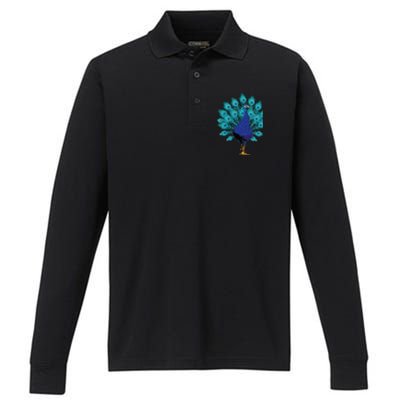 Blue Peacock Print Teal Feathers Bird Lover Gifts Performance Long Sleeve Polo