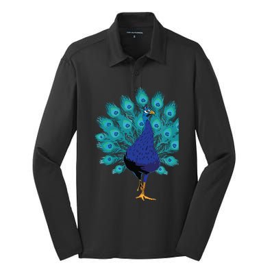 Blue Peacock Print Teal Feathers Bird Lover Gifts Silk Touch Performance Long Sleeve Polo