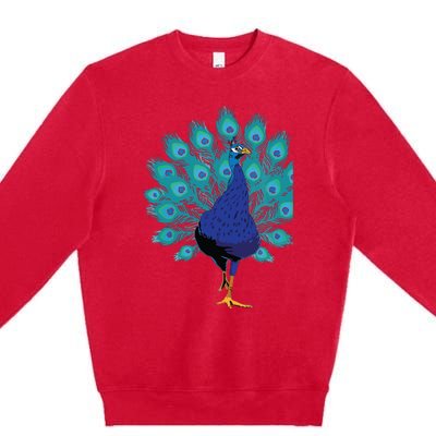 Blue Peacock Print Teal Feathers Bird Lover Gifts Premium Crewneck Sweatshirt