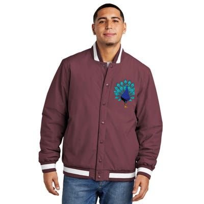 Blue Peacock Print Teal Feathers Bird Lover Gifts Insulated Varsity Jacket