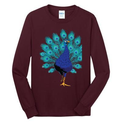 Blue Peacock Print Teal Feathers Bird Lover Gifts Tall Long Sleeve T-Shirt