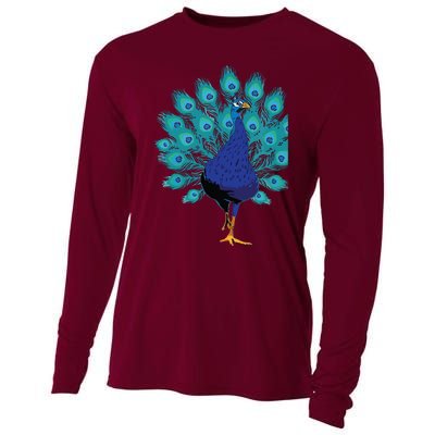 Blue Peacock Print Teal Feathers Bird Lover Gifts Cooling Performance Long Sleeve Crew