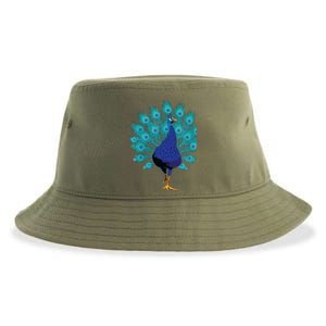 Blue Peacock Print Teal Feathers Bird Lover Gifts Sustainable Bucket Hat