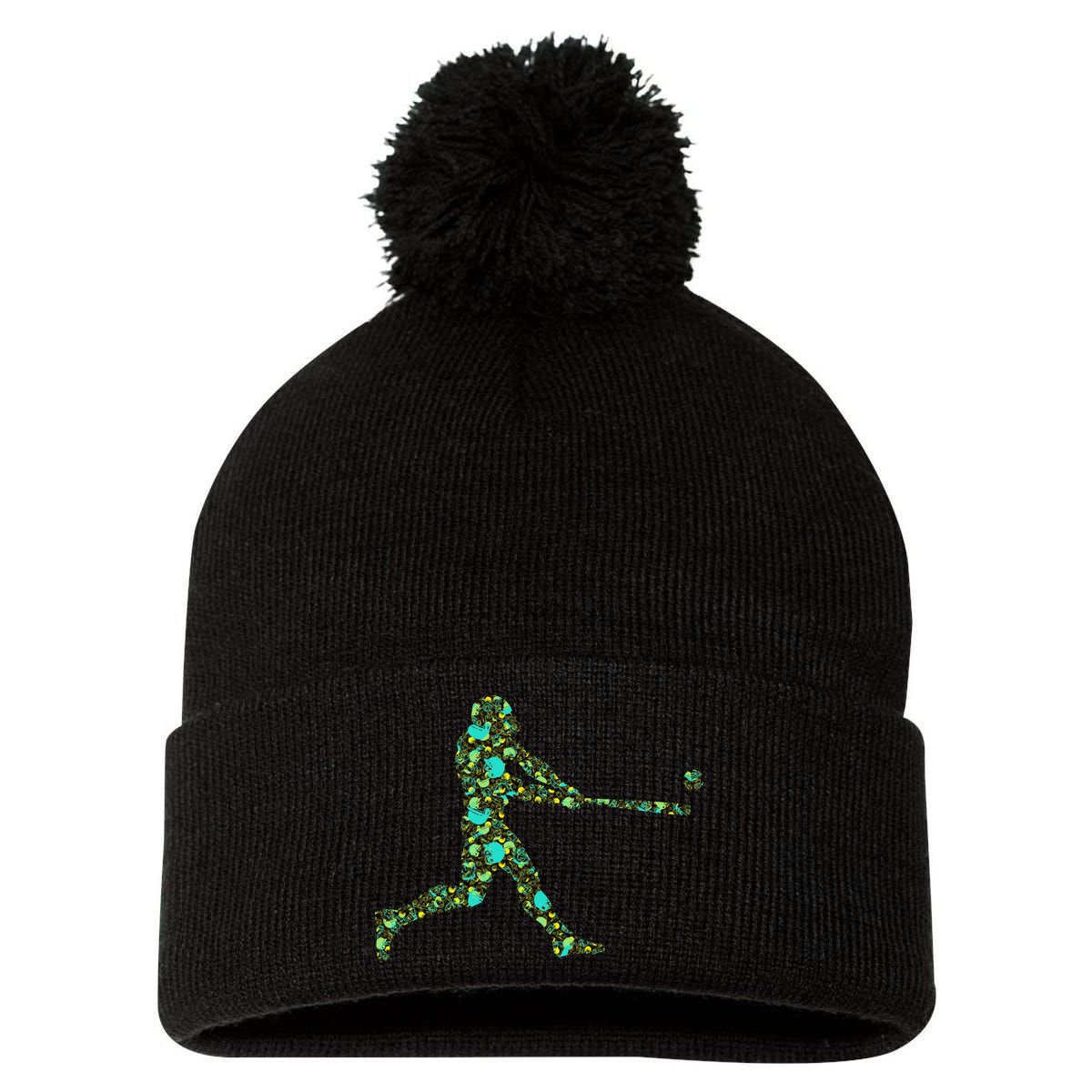 Baseball Player Pattern Pom Pom 12in Knit Beanie