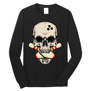 Bowling Pins Retro Skull Skeleton Head Bowling Ball Long Sleeve Shirt