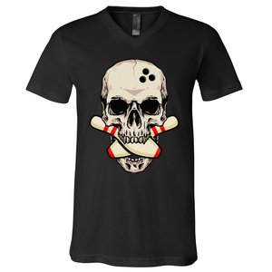 Bowling Pins Retro Skull Skeleton Head Bowling Ball V-Neck T-Shirt