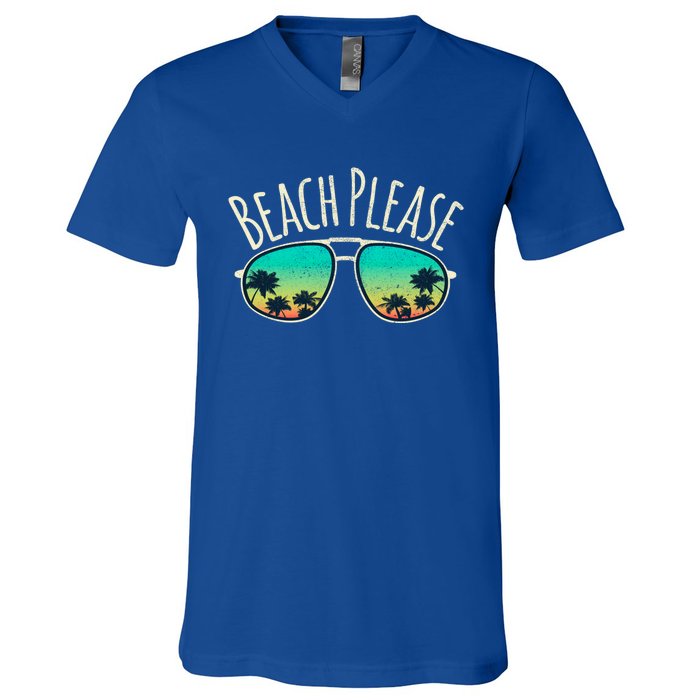 Beach Please Retro Surf Vintage Sunglasses Distressed Gift Funny Gift V-Neck T-Shirt