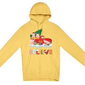 Believe Pig Riding Red Truck Christmas Tree Christmas Pajama Great Gift Premium Pullover Hoodie