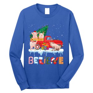 Believe Pig Riding Red Truck Christmas Tree Christmas Pajama Great Gift Long Sleeve Shirt