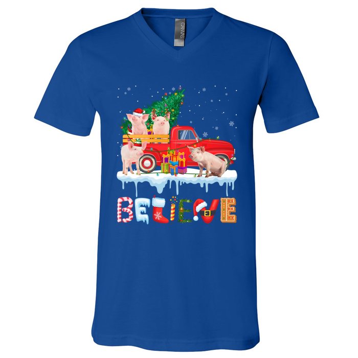 Believe Pig Riding Red Truck Christmas Tree Christmas Pajama Great Gift V-Neck T-Shirt