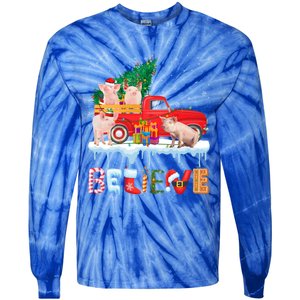 Believe Pig Riding Red Truck Christmas Tree Christmas Pajama Great Gift Tie-Dye Long Sleeve Shirt