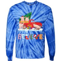 Believe Pig Riding Red Truck Christmas Tree Christmas Pajama Great Gift Tie-Dye Long Sleeve Shirt