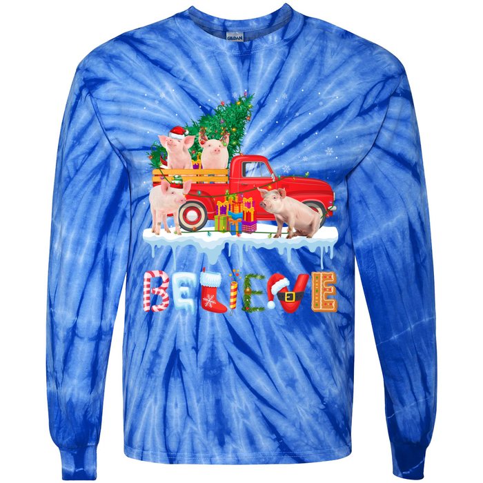 Believe Pig Riding Red Truck Christmas Tree Christmas Pajama Great Gift Tie-Dye Long Sleeve Shirt