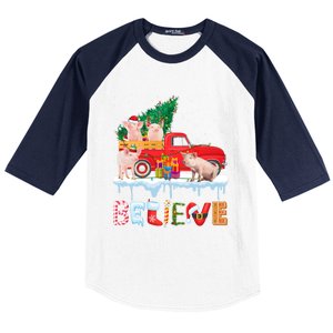 Believe Pig Riding Red Truck Christmas Tree Christmas Pajama Great Gift Baseball Sleeve Shirt