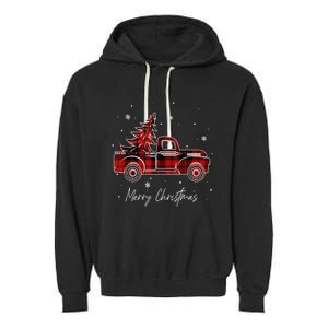 Buffalo Plaid Red Christmas Tree Funny Truck Xmas Pajamas Gift Garment-Dyed Fleece Hoodie