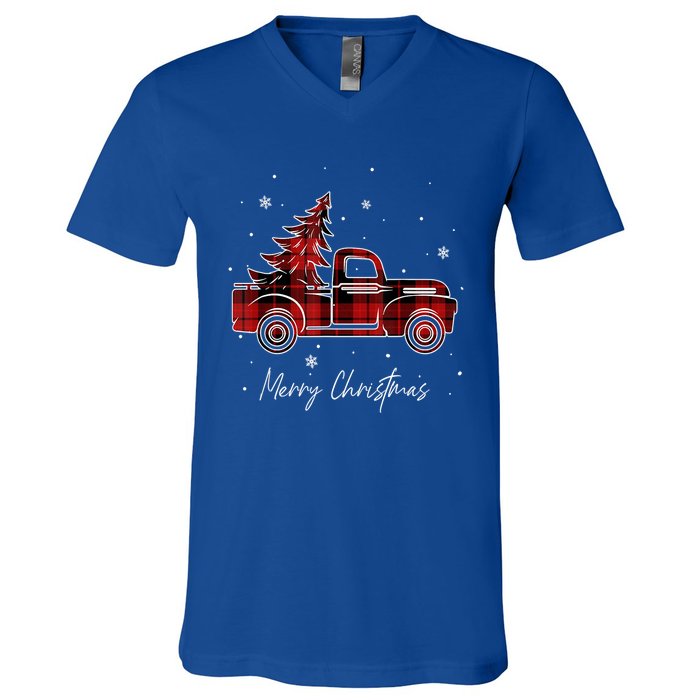 Buffalo Plaid Red Christmas Tree Funny Truck Xmas Pajamas Gift V-Neck T-Shirt