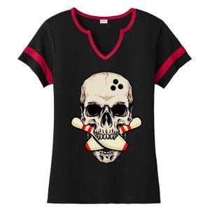 Bowling Pins Retro Skull Skeleton Head Bowling Ball Ladies Halftime Notch Neck Tee