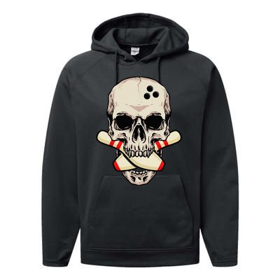 Bowling Pins Retro Skull Skeleton Head Bowling Ball Performance Fleece Hoodie