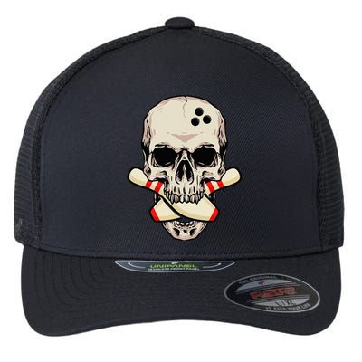 Bowling Pins Retro Skull Skeleton Head Bowling Ball Flexfit Unipanel Trucker Cap