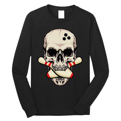 Bowling Pins Retro Skull Skeleton Head Bowling Ball Long Sleeve Shirt