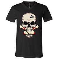 Bowling Pins Retro Skull Skeleton Head Bowling Ball V-Neck T-Shirt