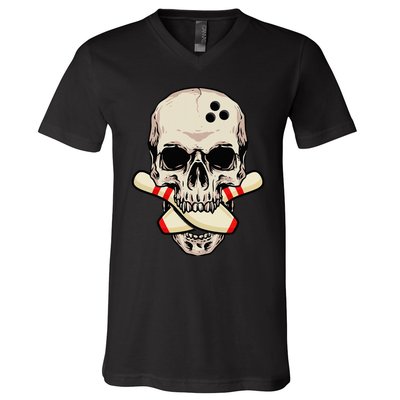 Bowling Pins Retro Skull Skeleton Head Bowling Ball V-Neck T-Shirt