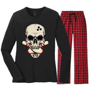 Bowling Pins Retro Skull Skeleton Head Bowling Ball Women's Long Sleeve Flannel Pajama Set 