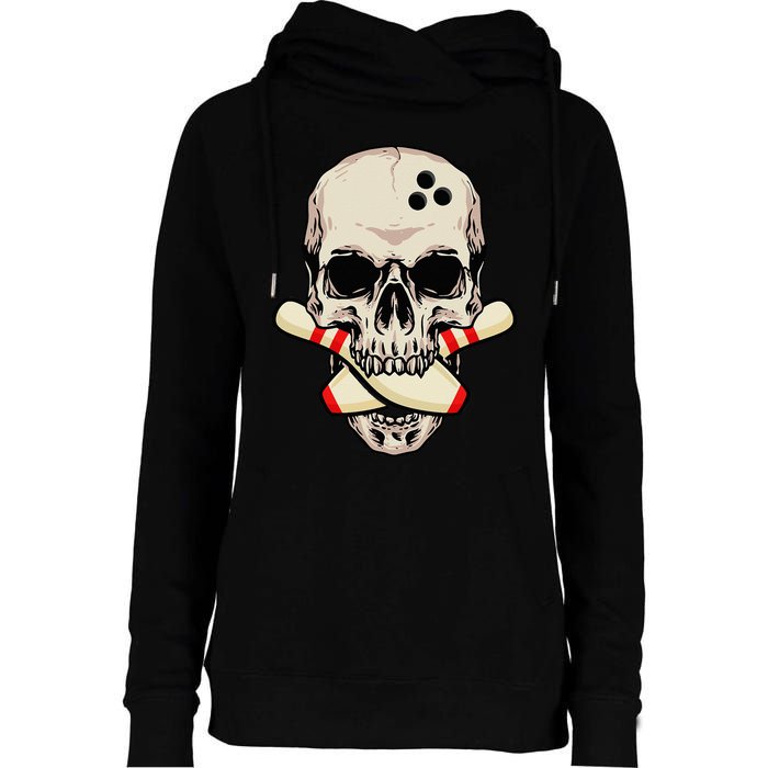 Bowling Pins Retro Skull Skeleton Head Bowling Ball Womens Funnel Neck Pullover Hood