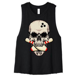 Bowling Pins Retro Skull Skeleton Head Bowling Ball Women's Racerback Cropped Tank