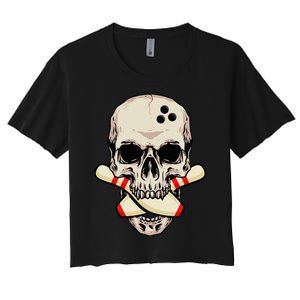 Bowling Pins Retro Skull Skeleton Head Bowling Ball Women's Crop Top Tee