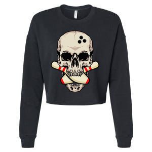 Bowling Pins Retro Skull Skeleton Head Bowling Ball Cropped Pullover Crew