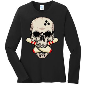 Bowling Pins Retro Skull Skeleton Head Bowling Ball Ladies Long Sleeve Shirt